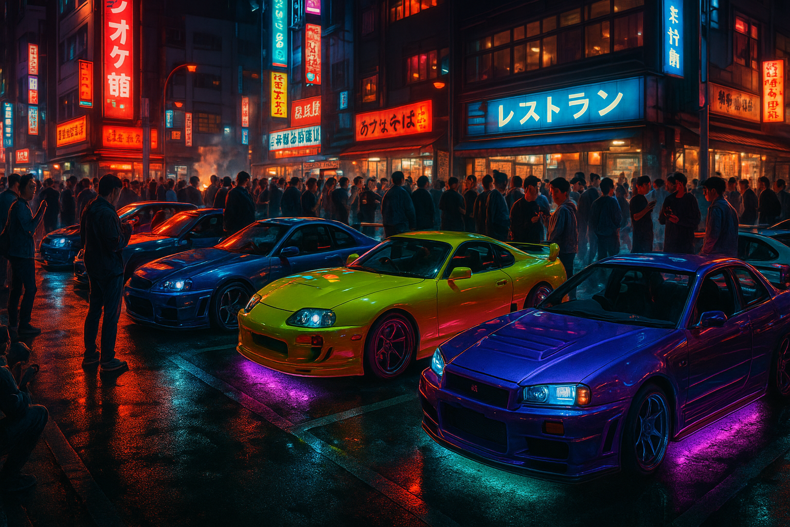 JDM Car show in Tokyo Japan at night with people checking out modified cars